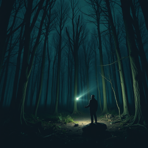 The Man with Flashlight in Scary Dark Forest