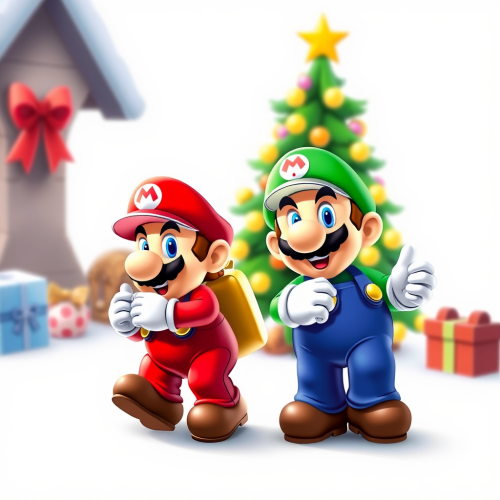 The Mario Bros Celebrating Christmas on White Background