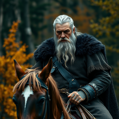 The Medieval Count on Horseback in Autumn Forest