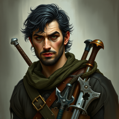 The Medieval Warrior with Green Eyes and Weapons