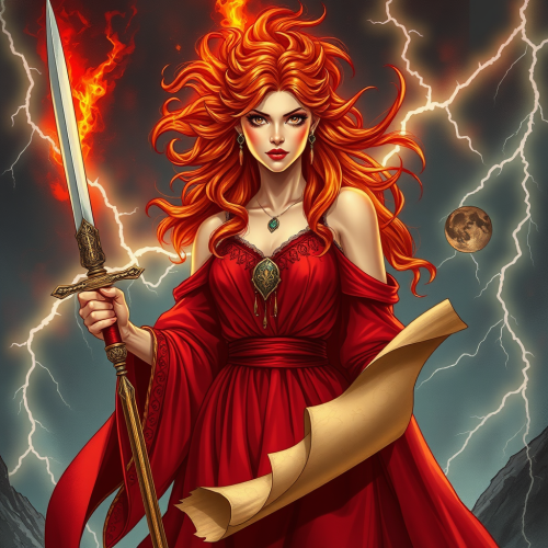 The Menacing Goddess of Fate Holding Sword and Scroll