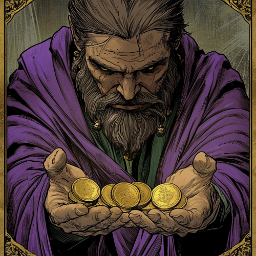 The Merchant Holds 3 Gold Coins in Tarot Card.