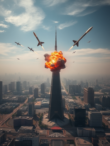 The Milad Tower exploding from Israeli air missiles.