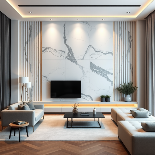 The Modern Living Room with Marble Panel Walls