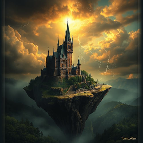 The Mysterious Floating Island Castle under Lightning Sky