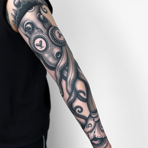The Octopus Arm Sleeve Tattoo in Black and Grey