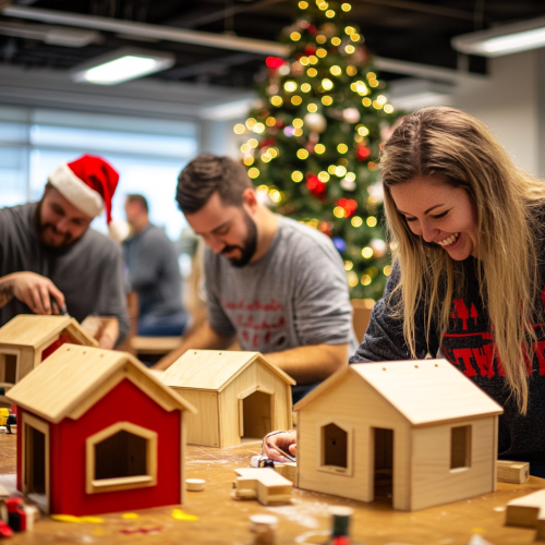 The Office Employees Building Festive Dog Houses