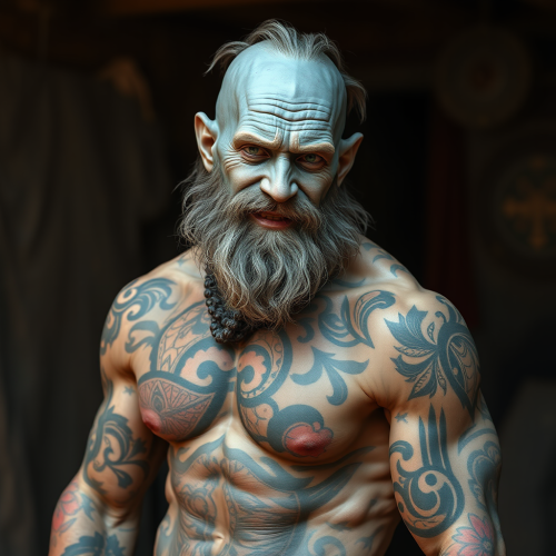 The Old Blacksmith with Blue Skin and Tattoos