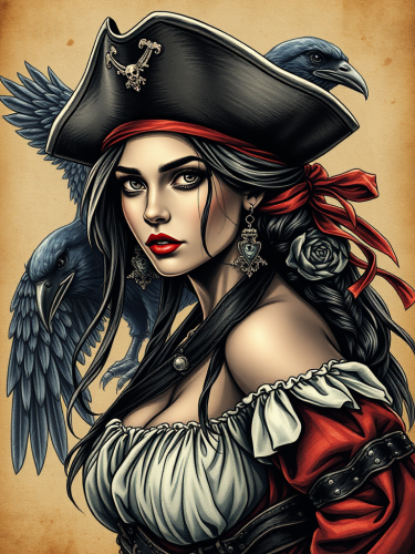 The Pirate Lady and Raven Tattoo Design