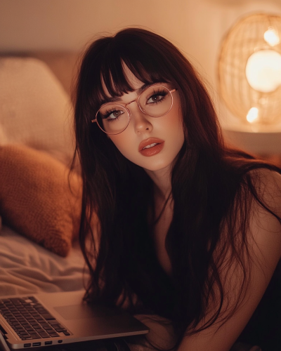 The Pretty Girl with Glasses Watching Laptop at Night