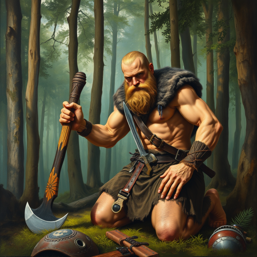 The Proud Berserker Kneeling with Axe in Forest