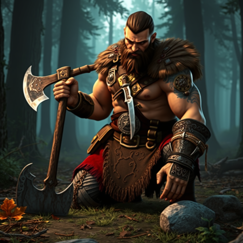 The Proud Berserker Kneeling with Axe in Forest
