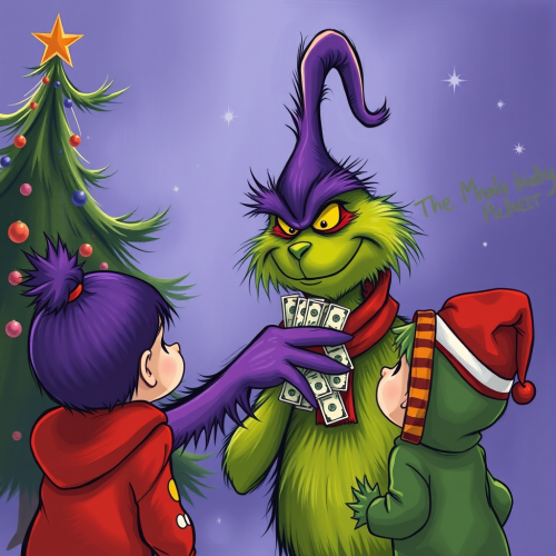 The Purple Grinch Distributing Money to Children