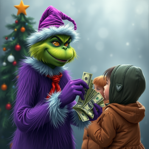 The Purple Grinch Generously Distributing Money to Kids