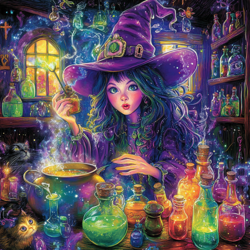 The Purple Witch Mixing Potions in House