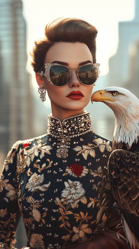 The Queen poses with eagle in city.