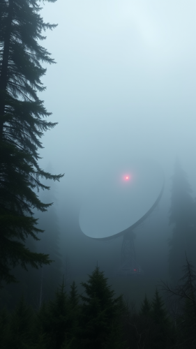 The Red-Lit Satellite Dish in Foggy Forest