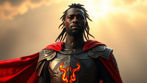 The Regal African Man in Fiery Armor Under Mystical Sky
