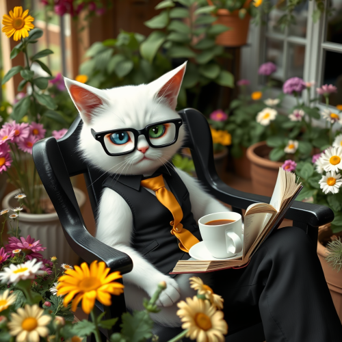 The Scholarly Cat Reading in Flower House