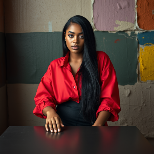 The Stylish American Model in Red Oversized Shirt