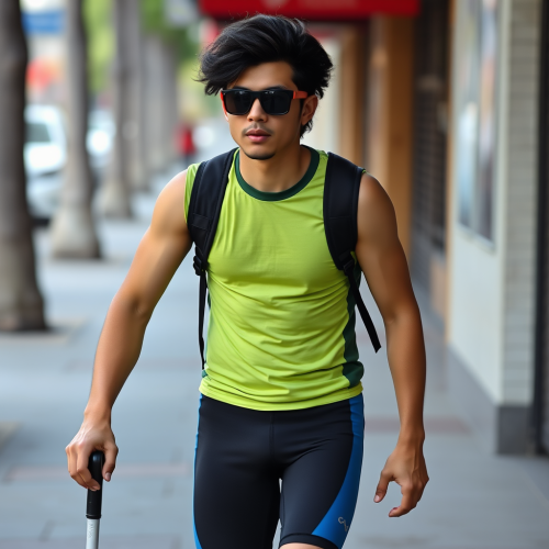 The Sweaty Blind Asian Man Walking on Sidewalk