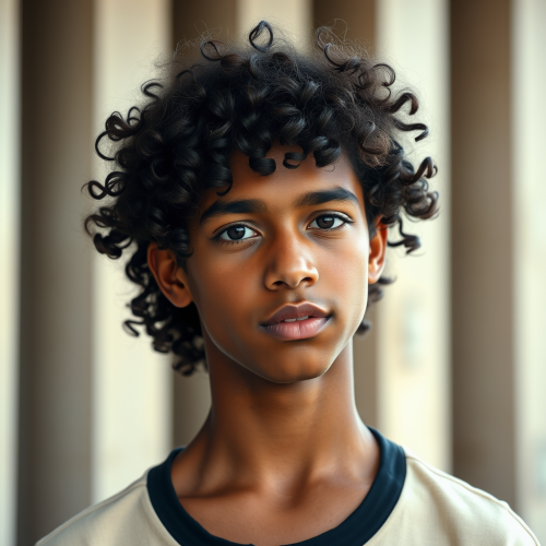 The Teenage Boy with Brown Skin and Curly Hair