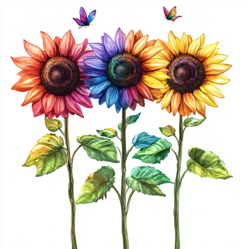 The Three LGBTQ-Colored Sunflowers with Tiny Insects