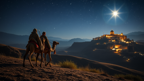 The Three Wise Men Approaching Bethlehem under Starry Sky