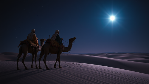 The Three Wise Men Following Star in Desert