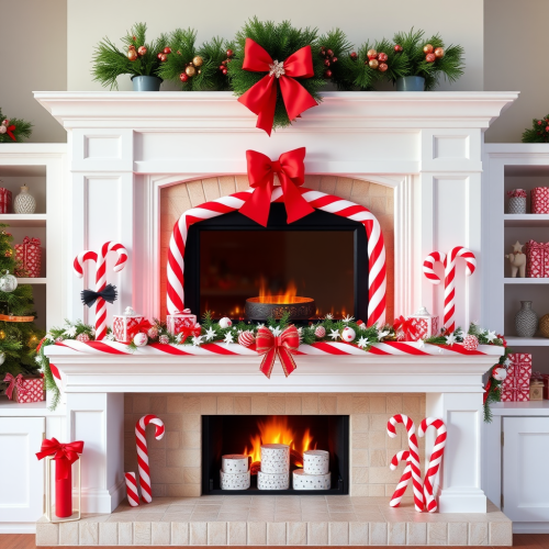 The Vibrant Candy Cane Themed Fireplace Mantle
