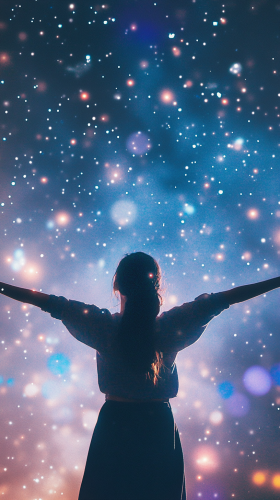 The Woman Embracing Stardust and Glowing Stars The Woman Embracing Stardust and Glowing Stars