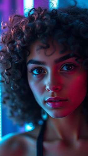 The Woman with Curly Hair under Neon Lights