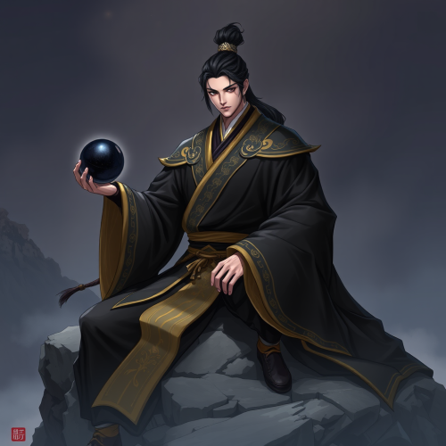 The Wuxia Man Holding Dark Orb on Mountain