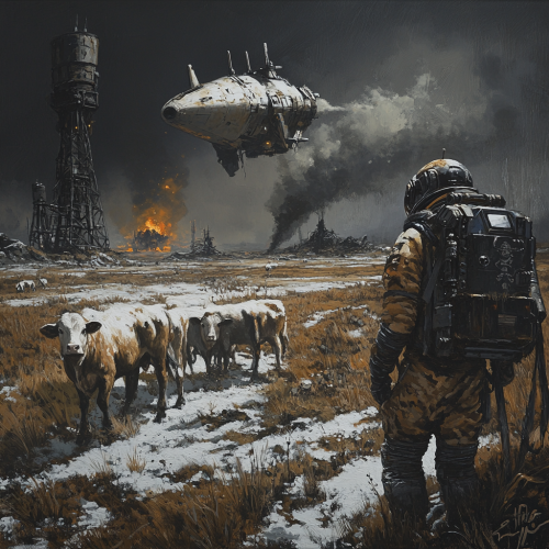 The astronaut observes a post-apocalyptic scene.