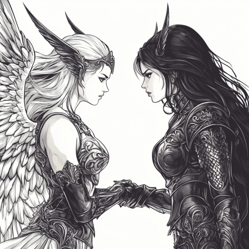 The beautiful angel and devil in armor fighting