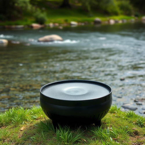 The beautiful black handpan drum by the river. The beautiful black handpan drum by the river.