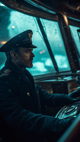 The captain commands ship at night in Atlantic