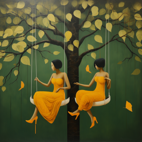 The colorful painting of two girls on swing