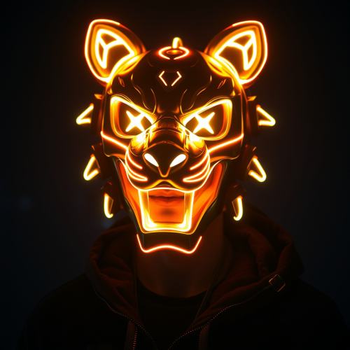 The cyberpunk man wears a LED mask.