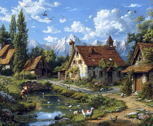 The farm animals in a naive painting style