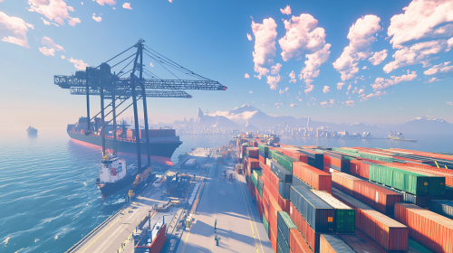 The large ship with containers at port