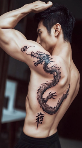 The man shows off a dragon tattoo