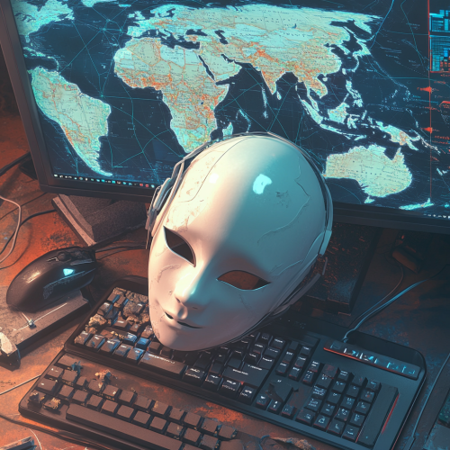 The masked face on computer keyboard