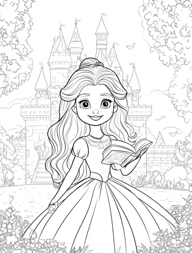 Coloring Book of a smiling princess with sparkly eyes at castle