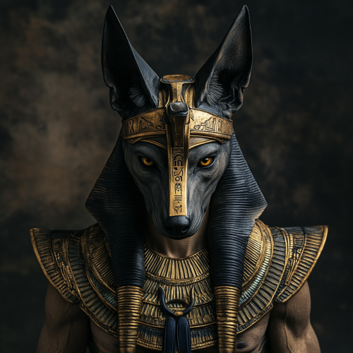 The symmetrical sphinx Anubis in pharaoh helmet