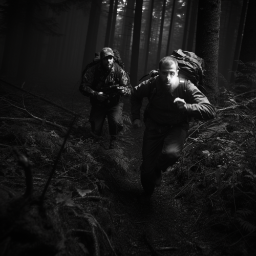 Thick and thin men run in dark forest scene.