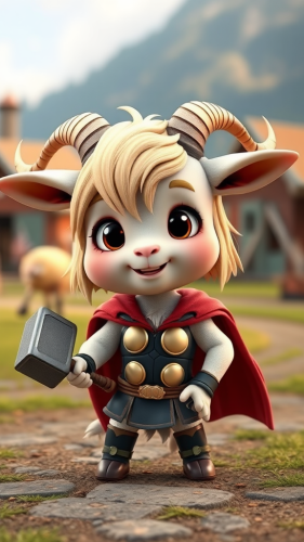 Thor, a cute blonde goat with hammer, cape.