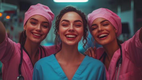 Three Happy Nurses Celebrating in Bright Hospital