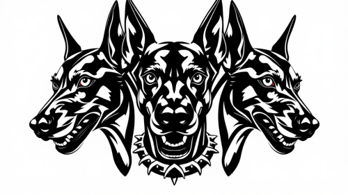Three-Headed Doberman Tattoo Stencil with Spiked Collar