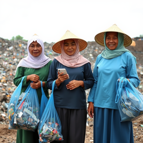 Three Indonesian women collect recyclable plastic at landfill.